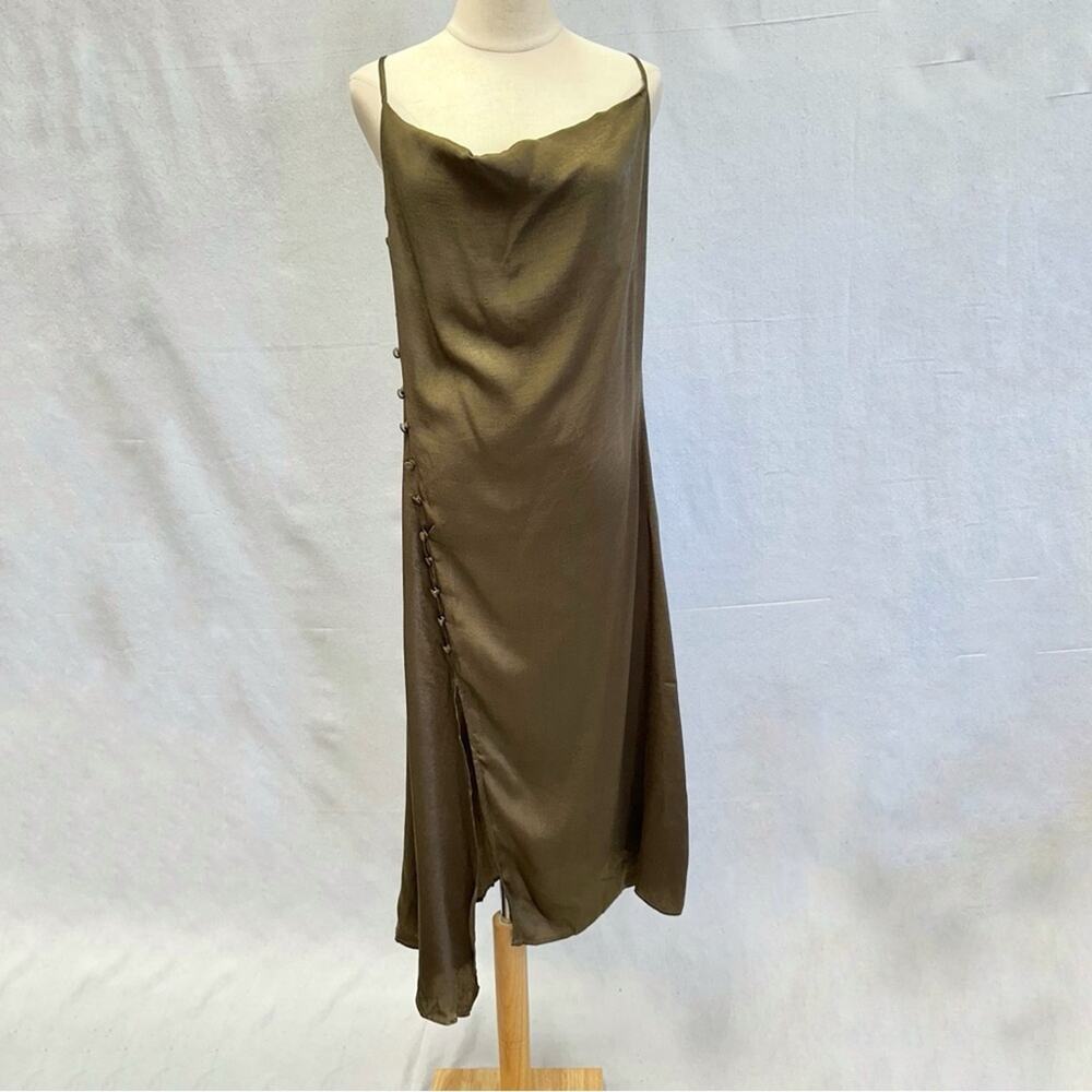Shein olive green slip dress cowl‎ neck midi dress side button detail size large